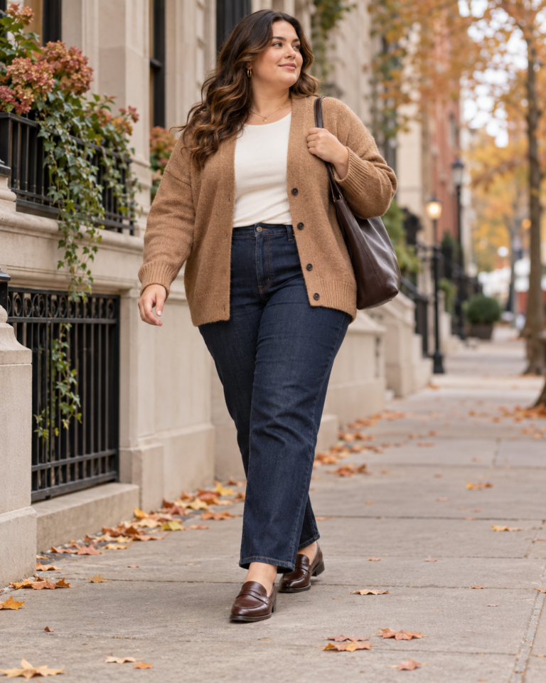 Plus-size woman wearing dark jeans, a camel cardigan and brown loafers on an autumn sidewalk