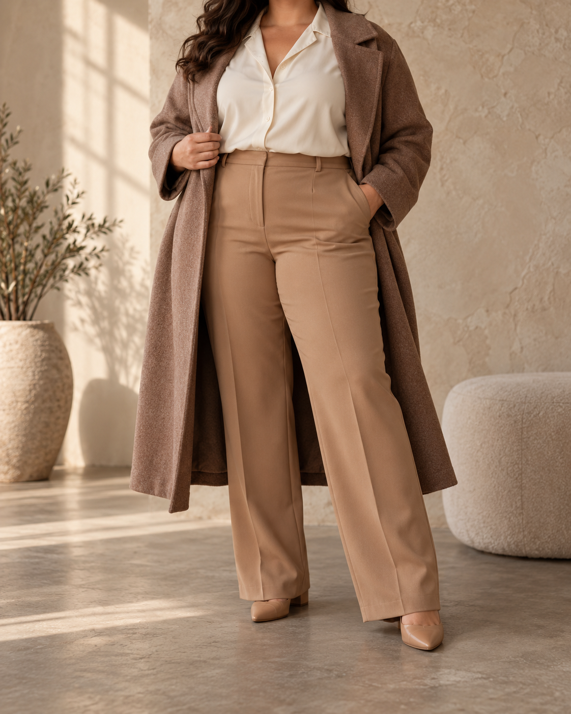Faceless plus-size editorial outfit with a cream blouse, camel trousers and mocha coat