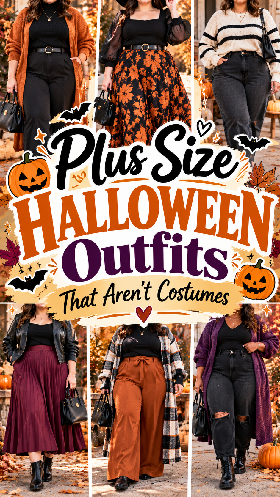 Vertical graphic with plus size Halloween outfit ideas that are not costumes