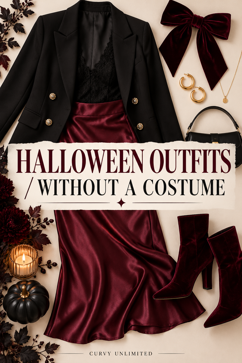 Editorial Halloween outfits without a costume graphic featuring a black blazer, burgundy skirt and accessories