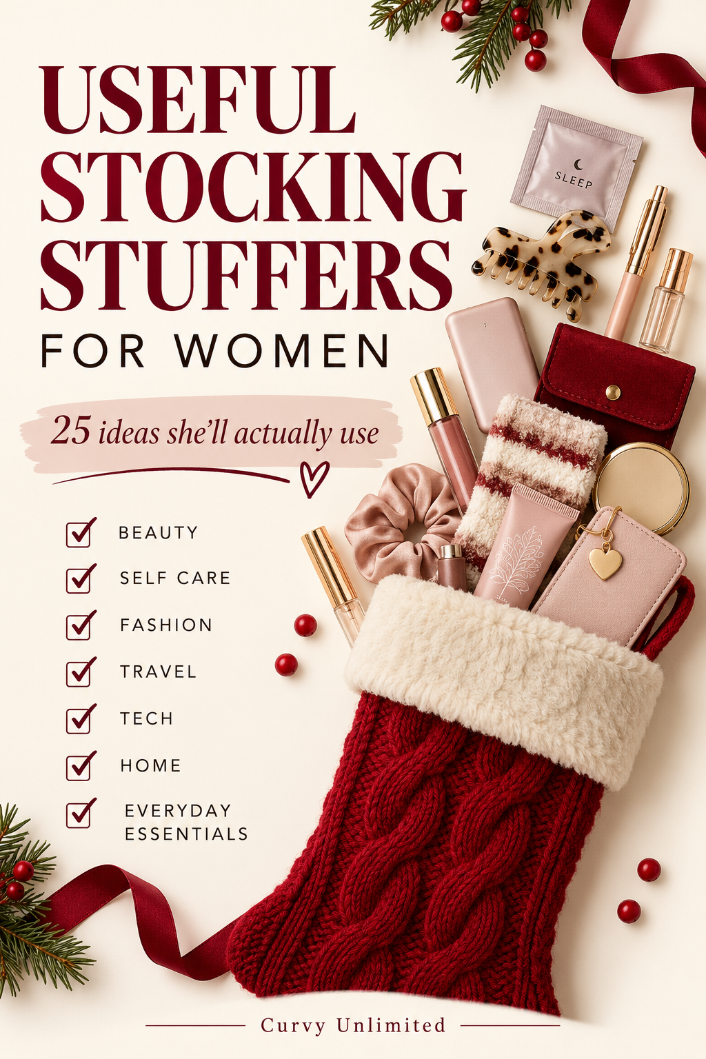 Pinterest graphic reading Useful Stocking Stuffers for Women beside small accessories