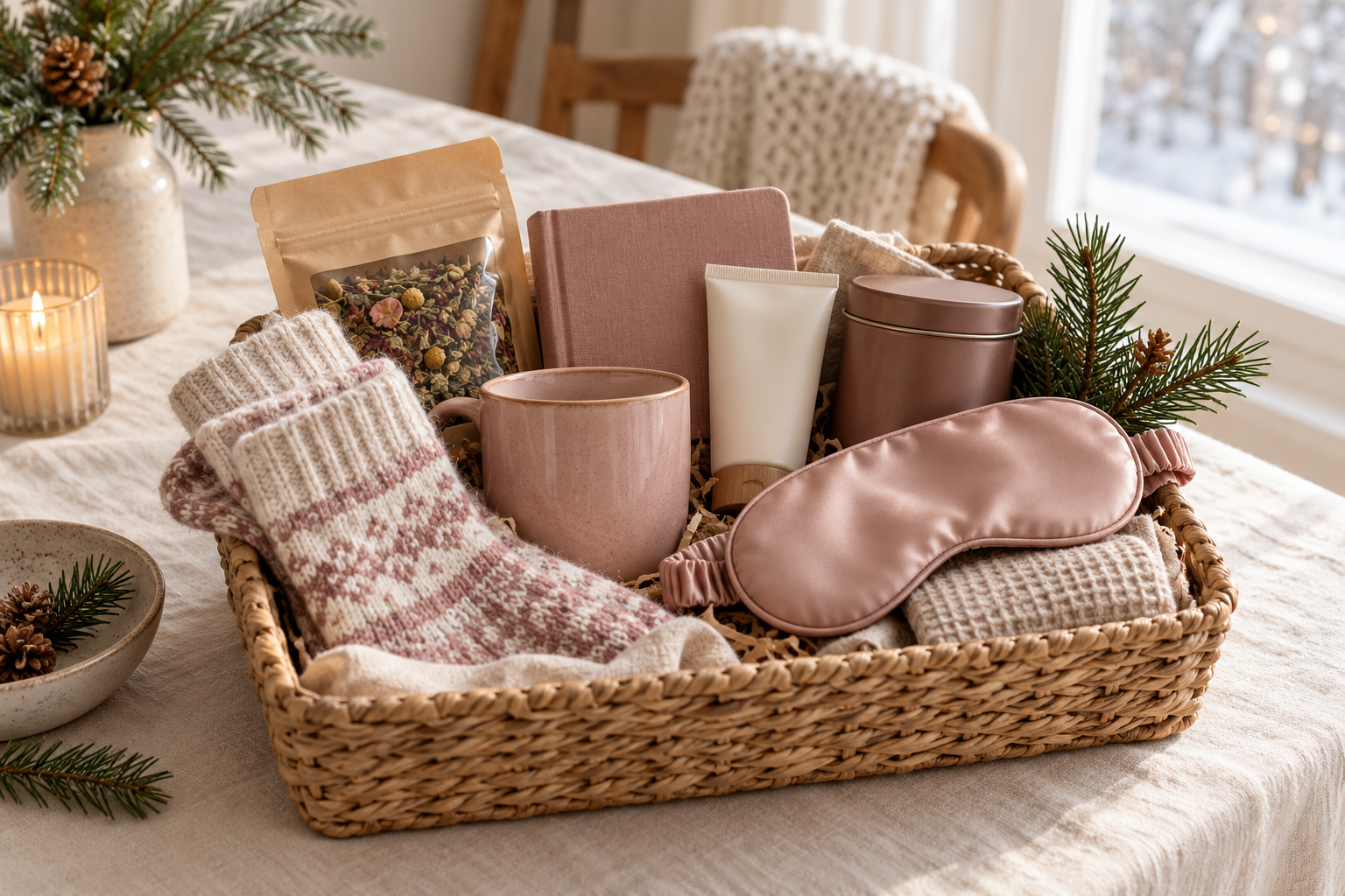 Winter gift basket with cozy socks, mug, tea, journal and sleep mask