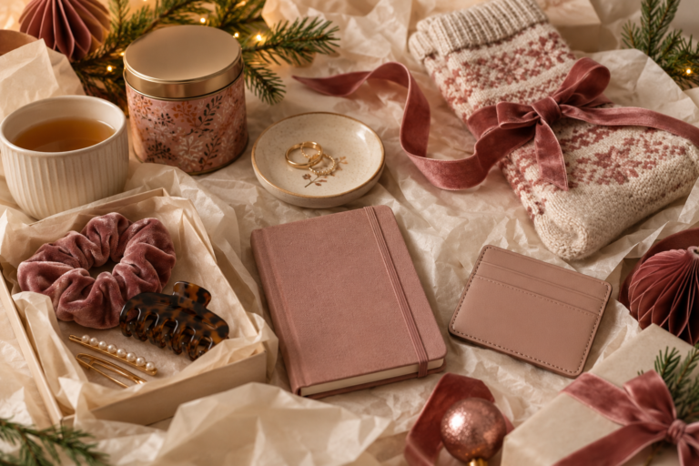 Christmas gift flat lay with notebook, hair clips, card holder, ring dish, socks and tea