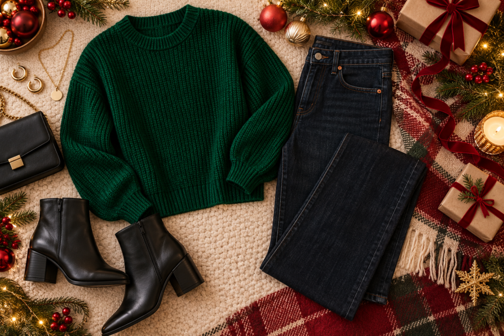 Dark jeans and emerald knit with black ankle boots