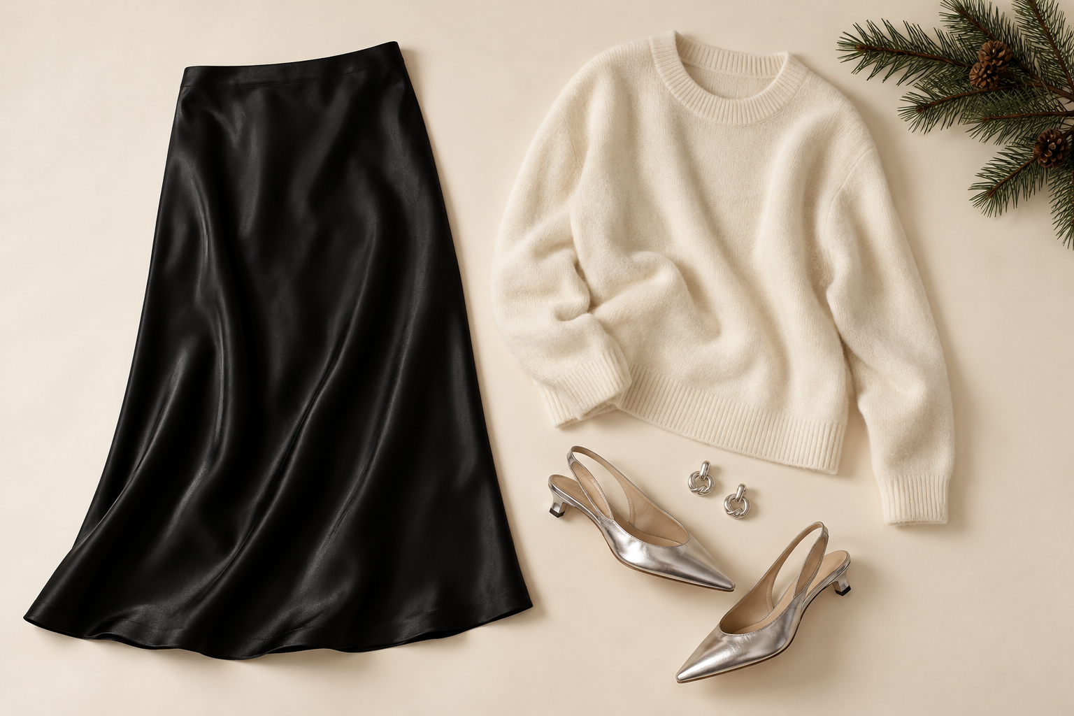 Cream sweater, black satin midi skirt and silver shoes