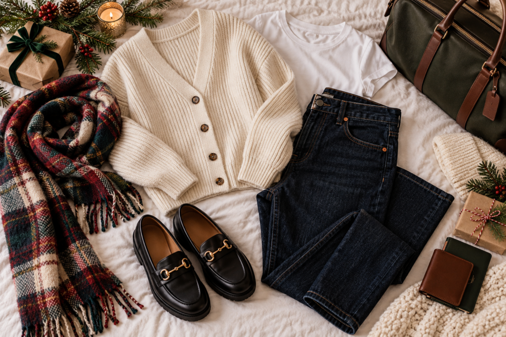 Dark jeans, cream cardigan and comfortable loafers for holiday travel
