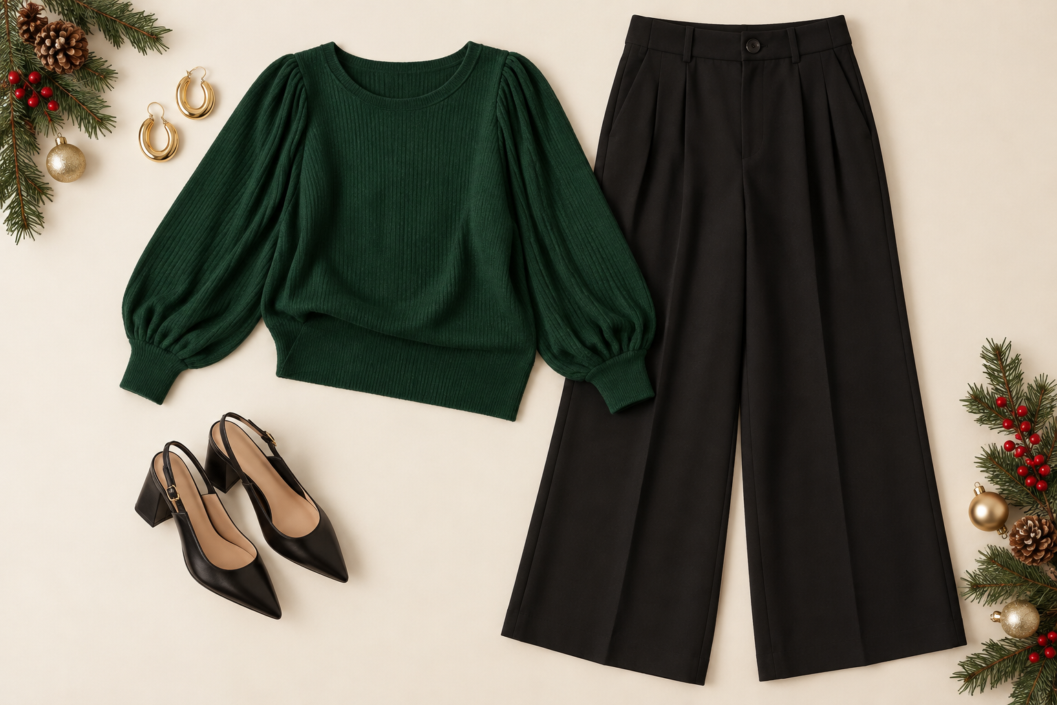 Forest green knit and black wide-leg trousers
