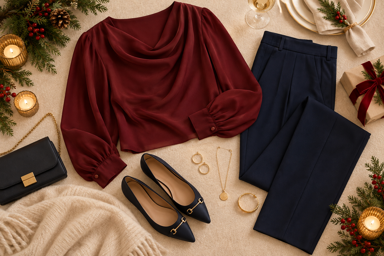 Navy trousers and burgundy blouse with flats
