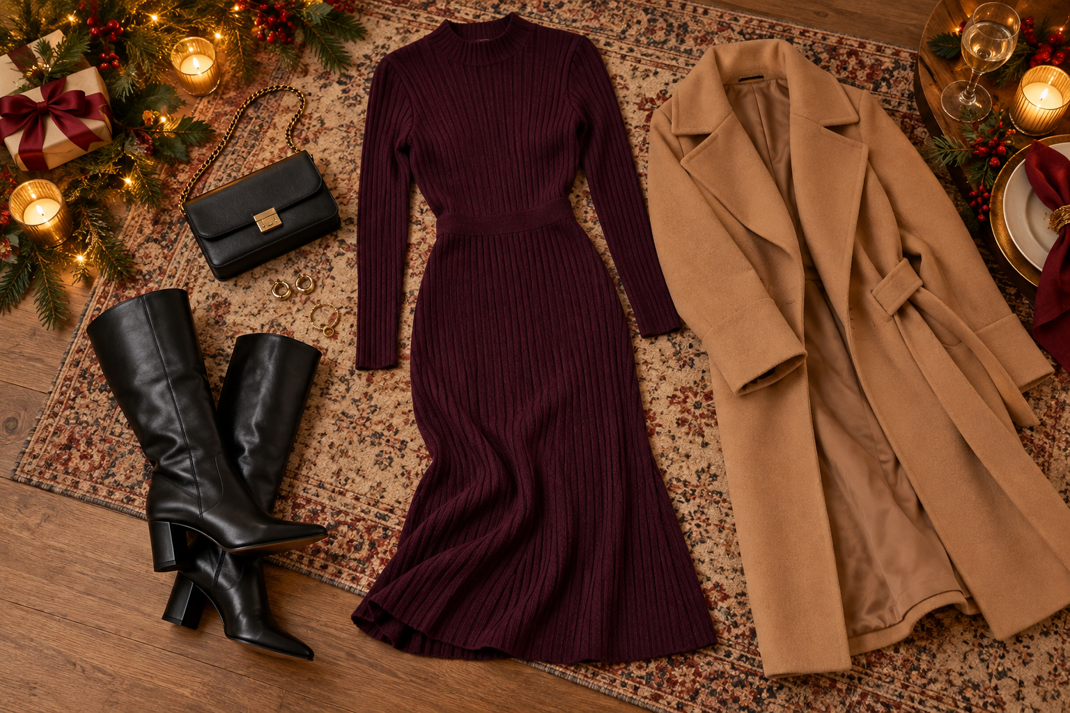 Plum knit dress with boots and camel coat