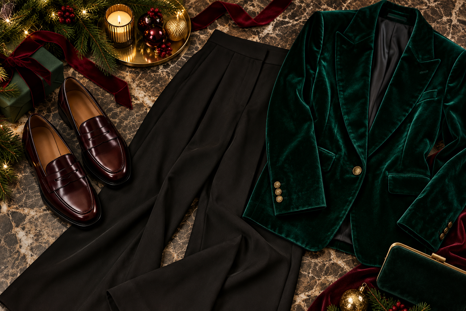 Burgundy loafers with emerald blazer and trousers