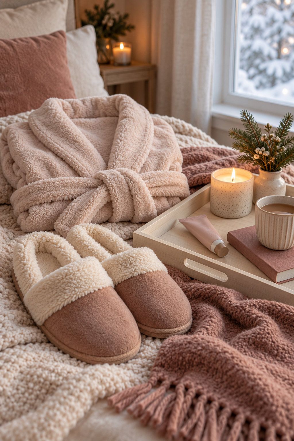 Soft robe and slippers beside candle, mug and hand cream on a winter bedside tray