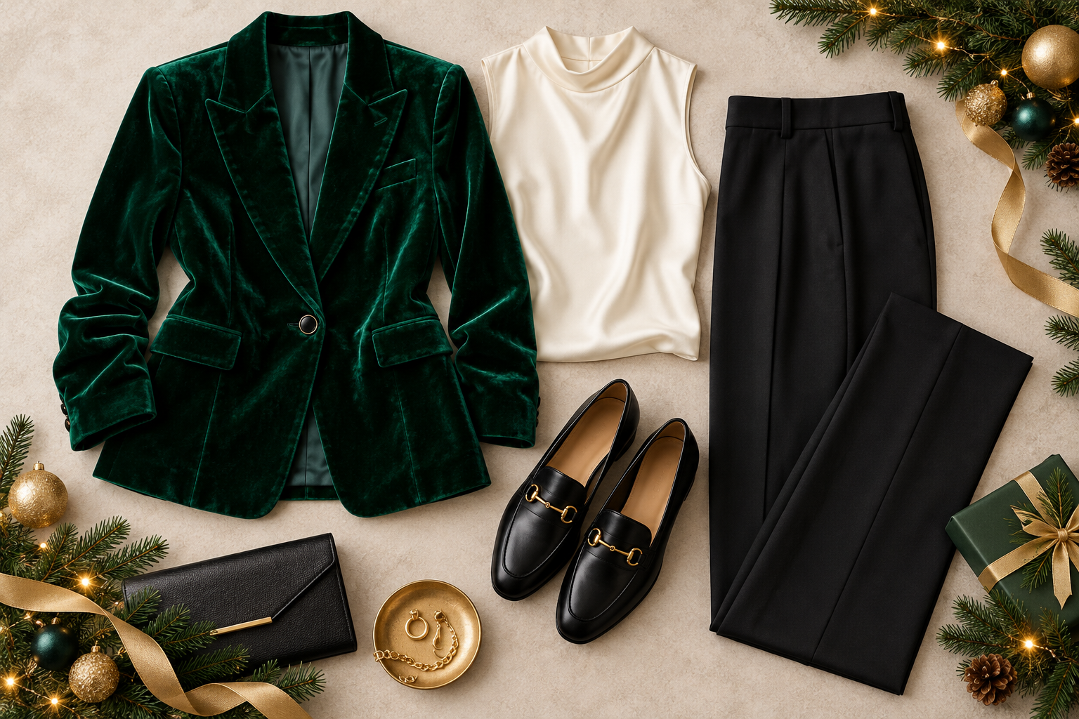 Emerald velvet blazer with black trousers and loafers