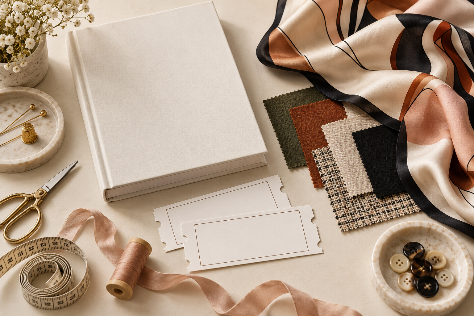 Fashion book, fabric swatches, scarf and blank event tickets arranged on a table