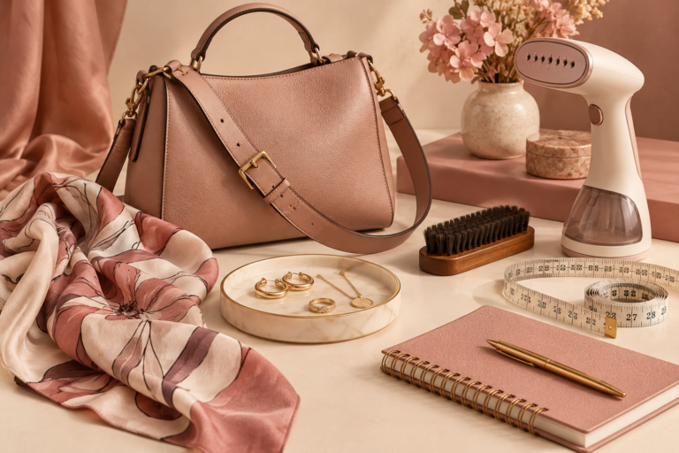 Fashion gift flat lay with handbag, scarf, steamer, jewelry and wardrobe notebook