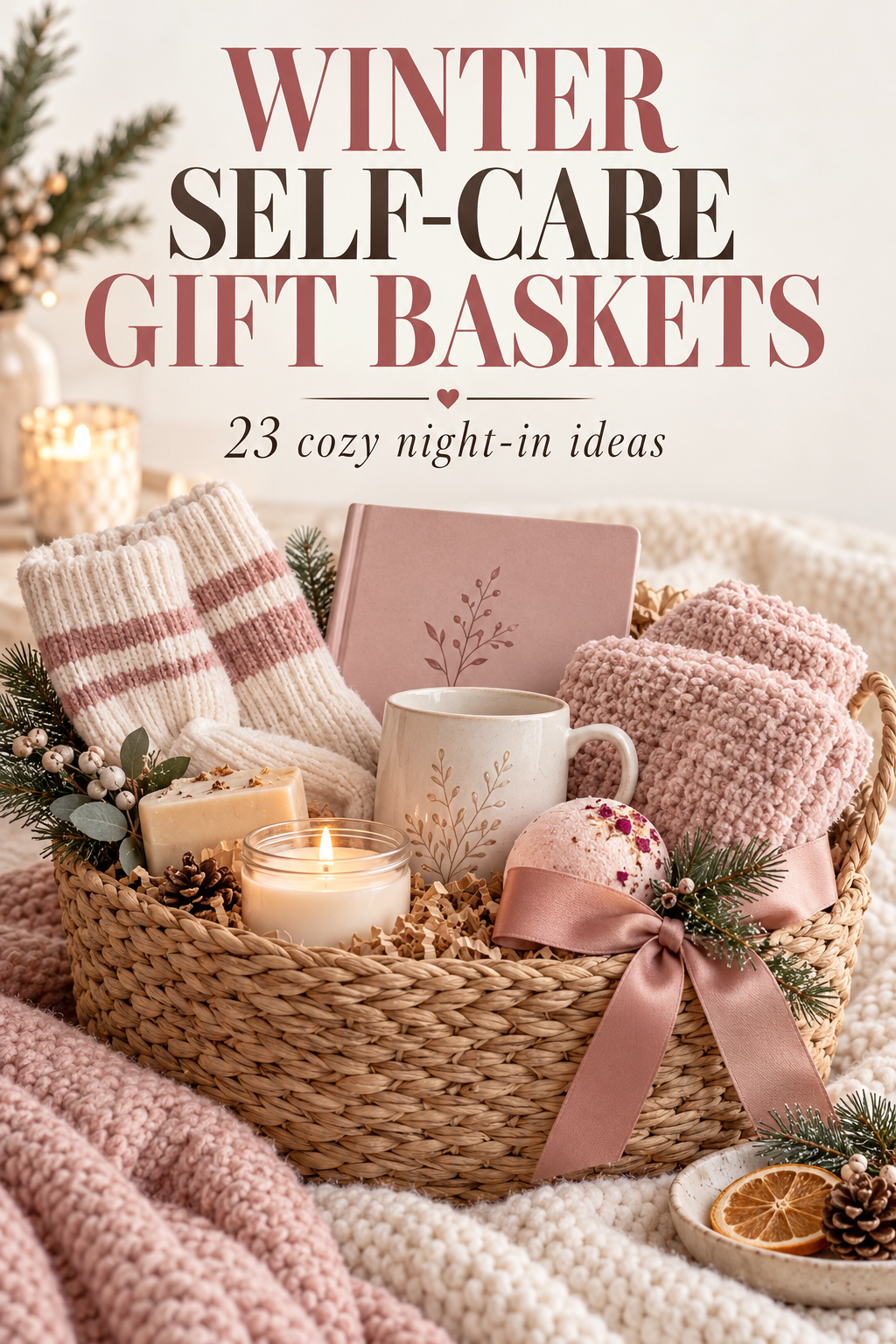 Pinterest graphic reading Winter Self-Care Gift Baskets beside a cozy basket