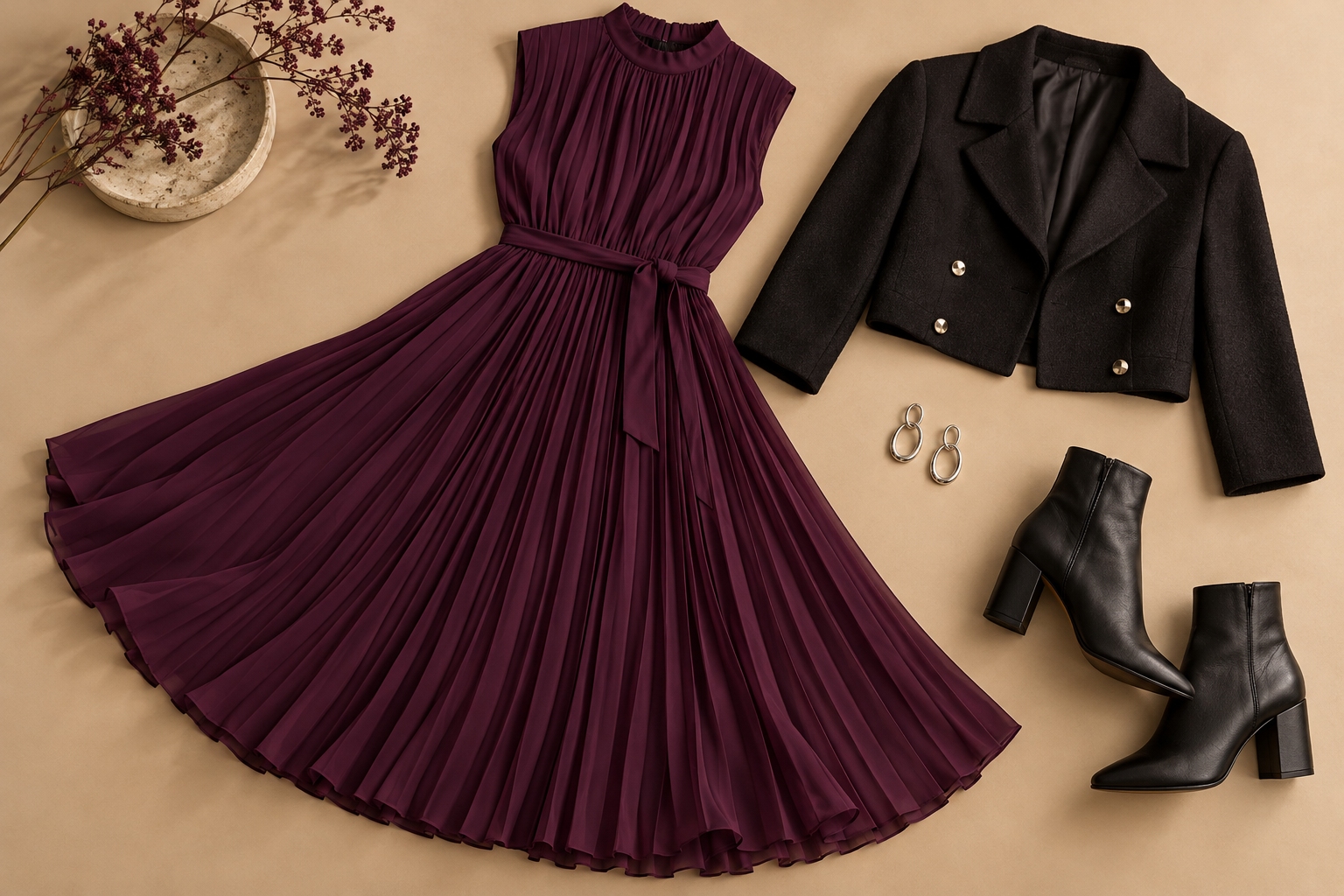 Plum midi dress with cropped black jacket and boots