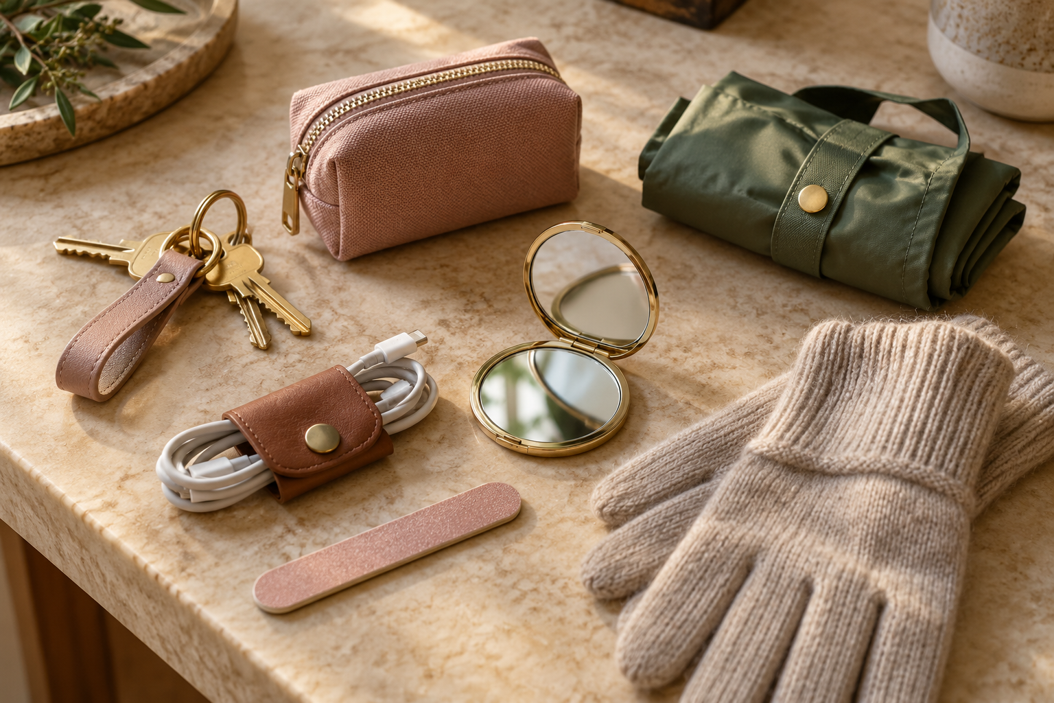 Useful small gifts including pouch, compact mirror, cable tie, gloves and shopping bag