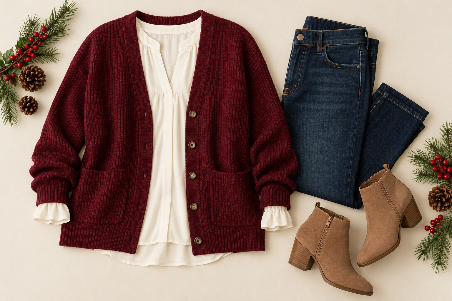 Burgundy cardigan with ivory blouse and dark jeans