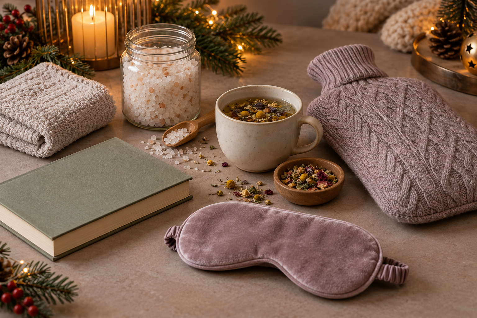 Bath salts, tea, cloth, hot-water bottle and sleep mask arranged for a winter gift