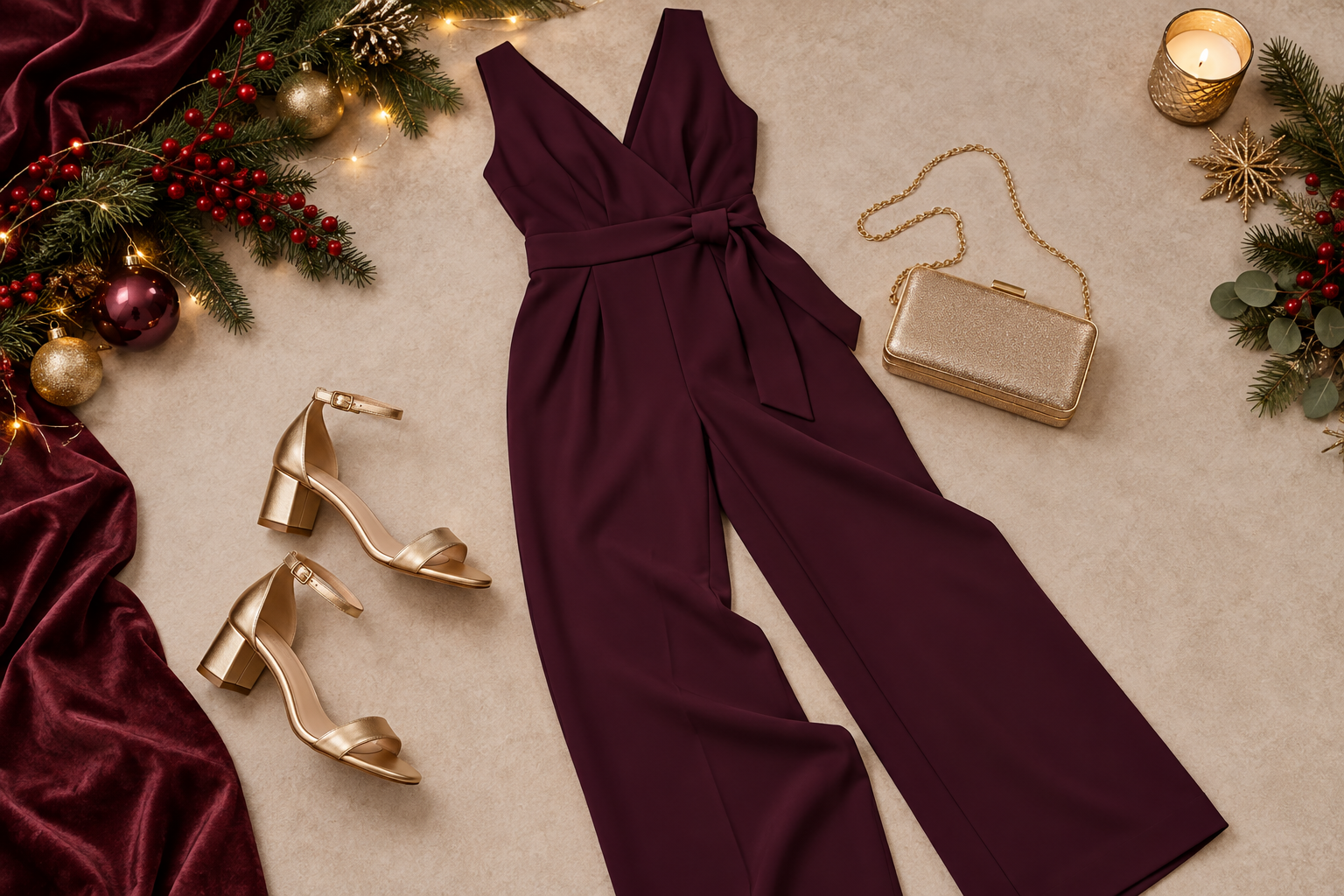 Plum jumpsuit and low gold heels for formal party
