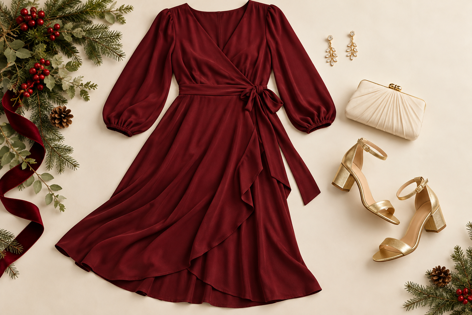 Burgundy wrap dress with gold accessories arranged as a holiday outfit flat lay