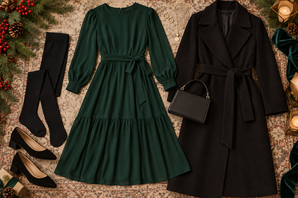 Forest green sleeved midi dress with tights and low heels