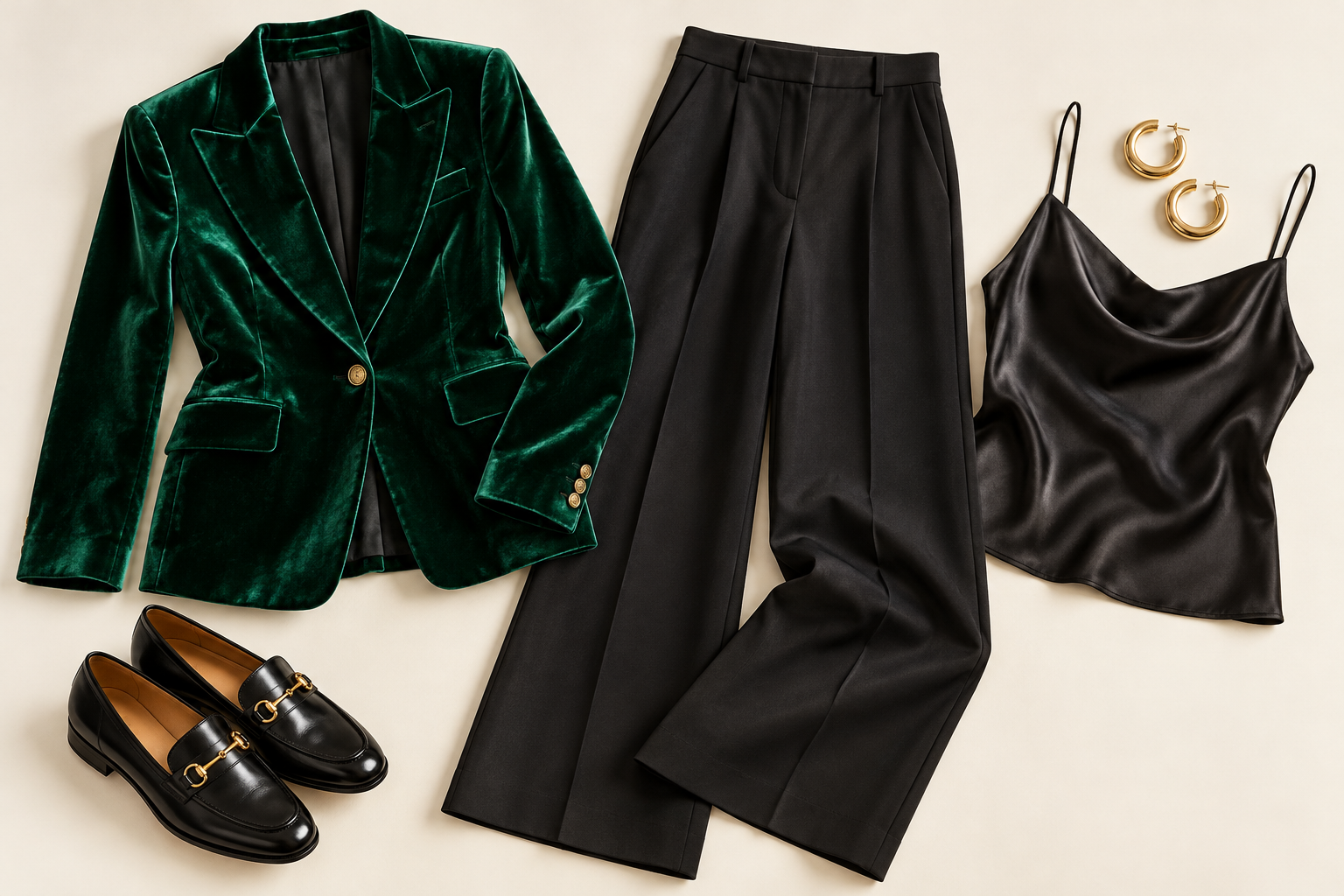 Emerald velvet blazer with black tailored trousers and gold accessories