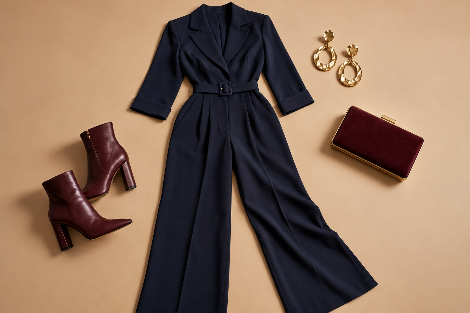 Navy jumpsuit, burgundy boots and gold earrings