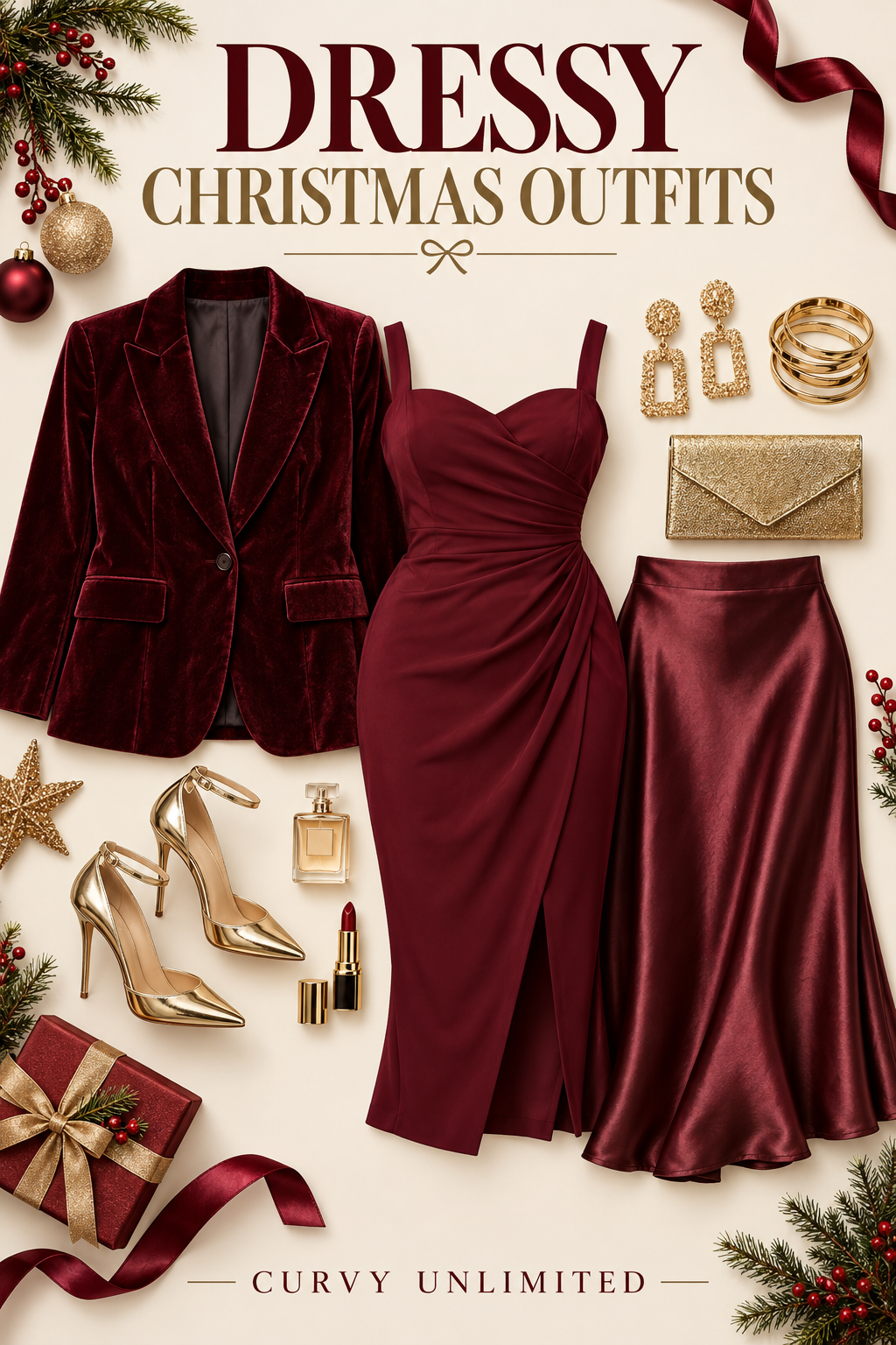 Dressy Christmas outfits vertical graphic with burgundy holiday pieces