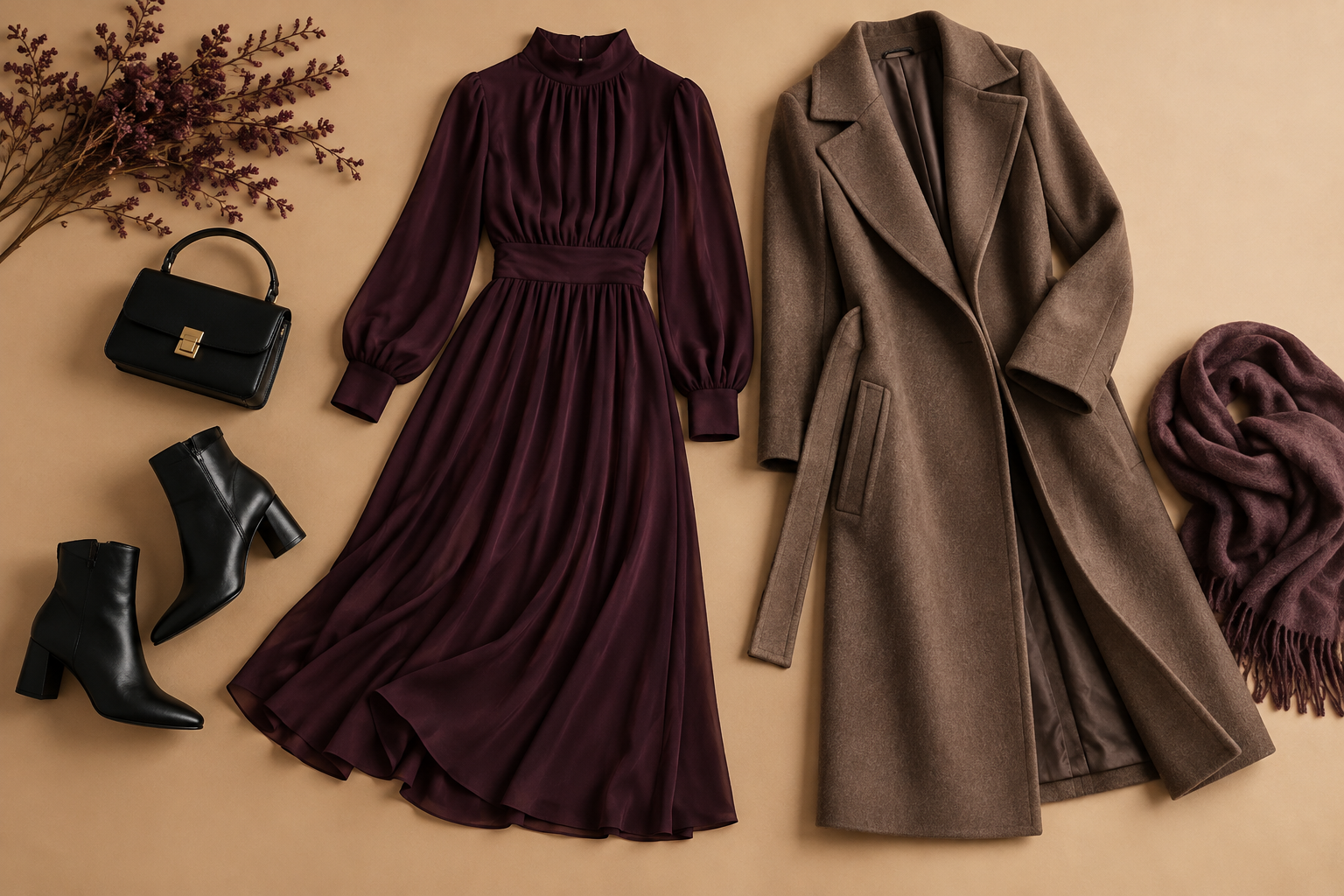 Black ankle boots with plum dress and coat