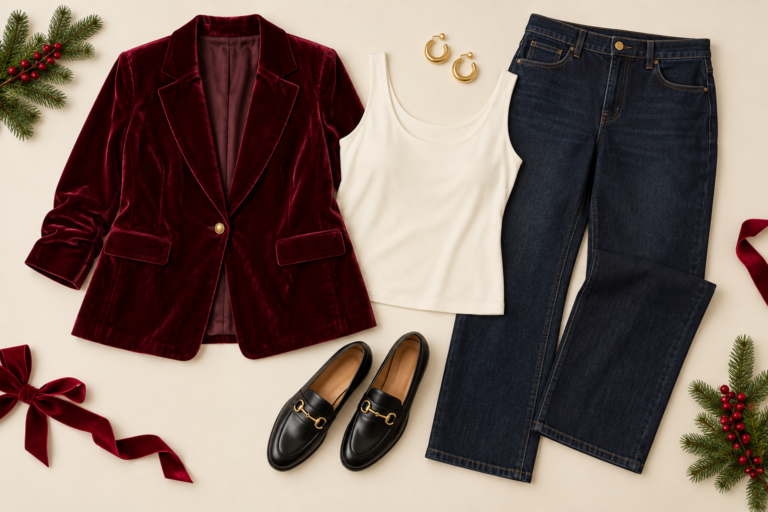 Dark straight jeans, burgundy velvet blazer and black loafers