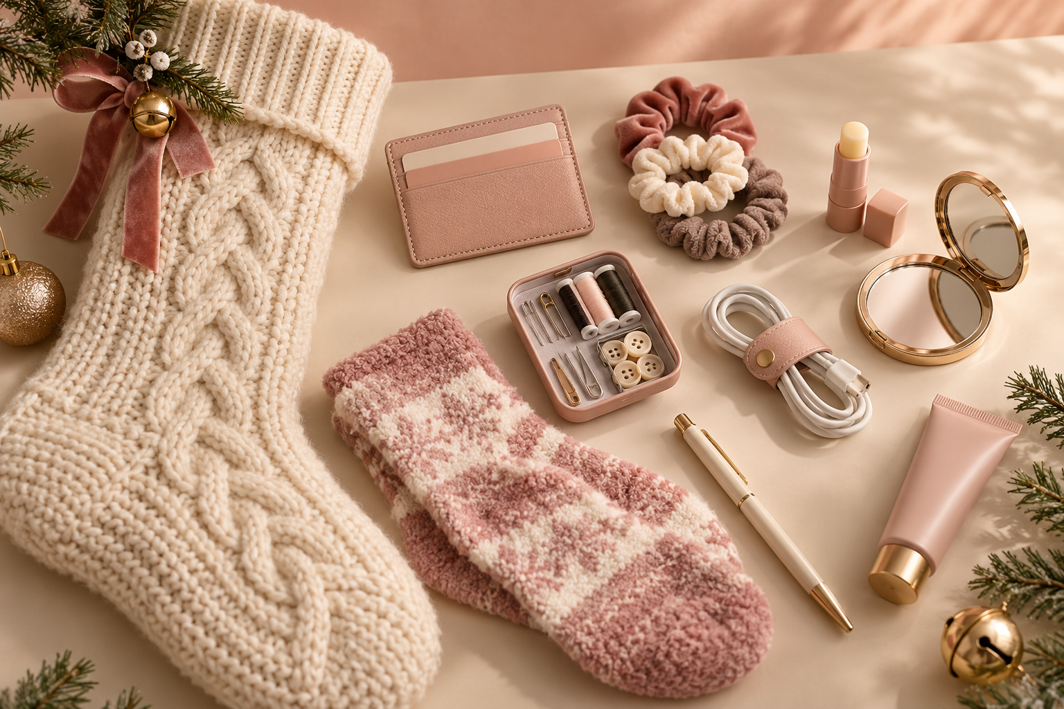 Stocking and practical small gifts including socks, card holder, clip and hand cream